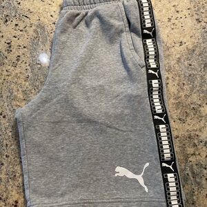 Mens Puma, grey shorts with side stripe . Adult small. Gently used. No stains.